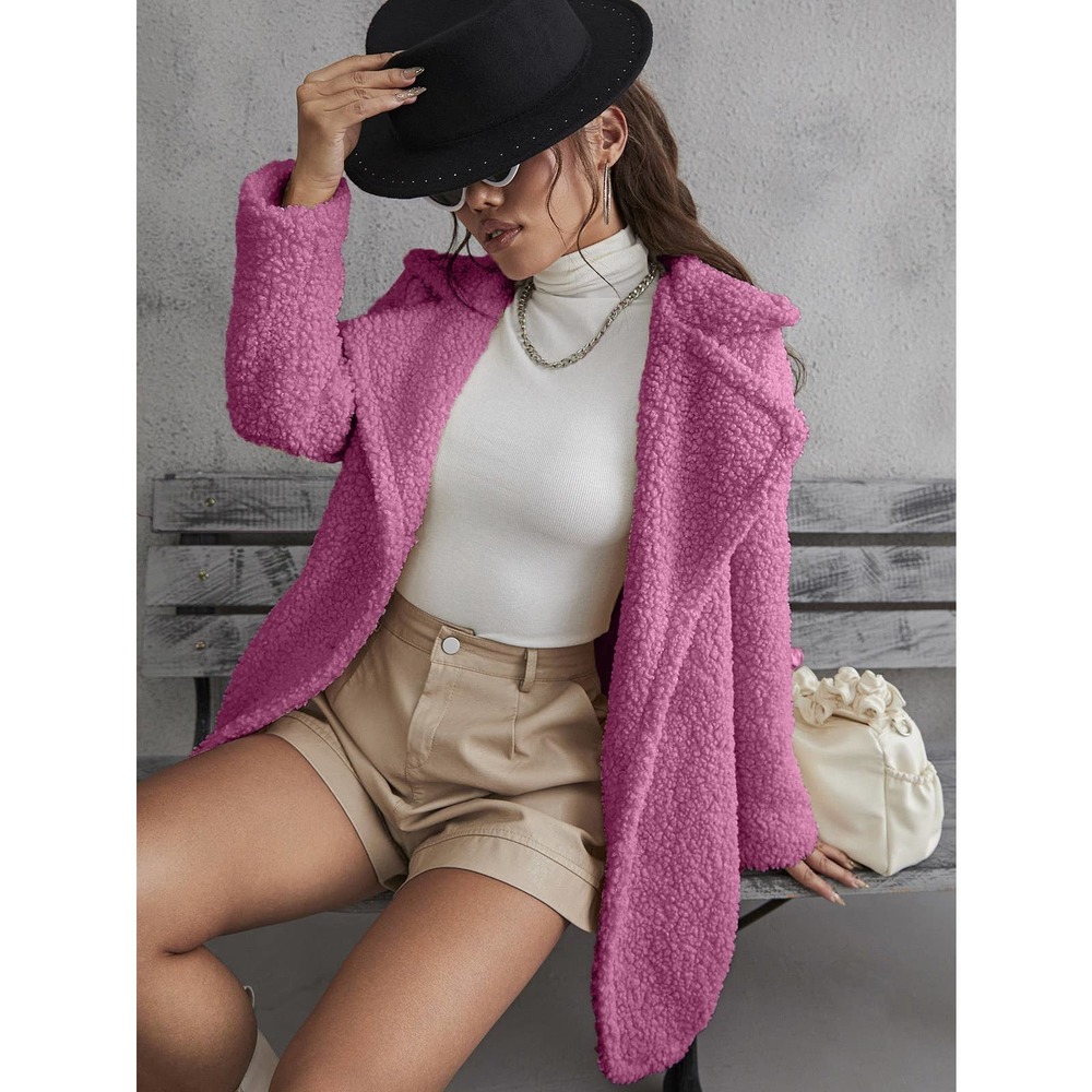 Button Front Teddy Coat Long Trench Coat Jacket hot pink faux fur - Picture 5 of 9